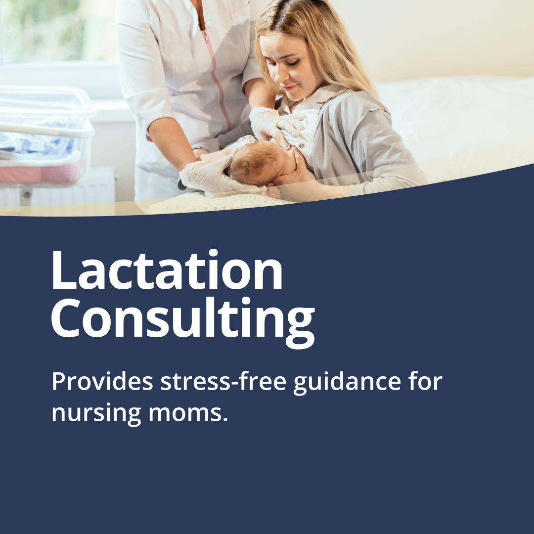 Lactation Consulting text with image of mother nursing baby