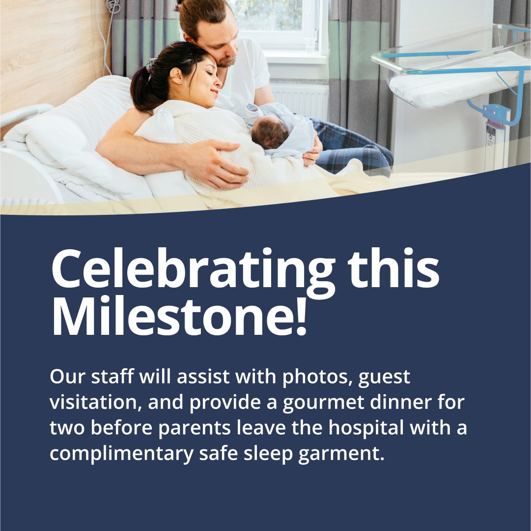 Celebrating this Milestone text with image of new parents holding infant